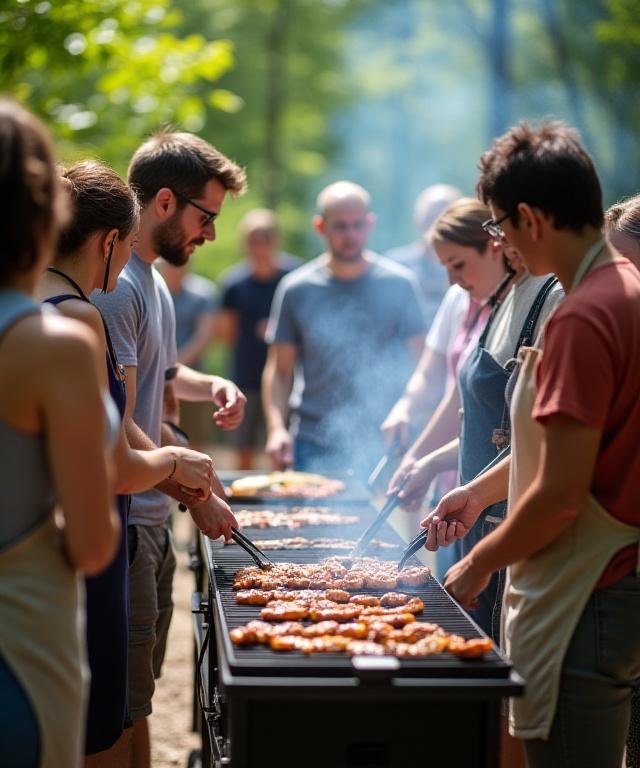 A group of people learning to grill during a Rimefire Cooking workshop.